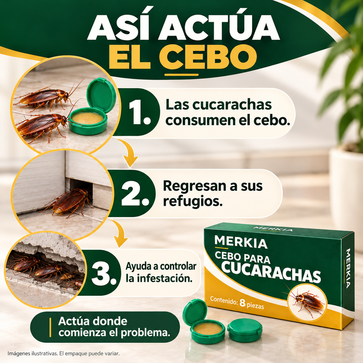 2x1 Cebo Mata Cucarachas Merkia · 8 estaciones